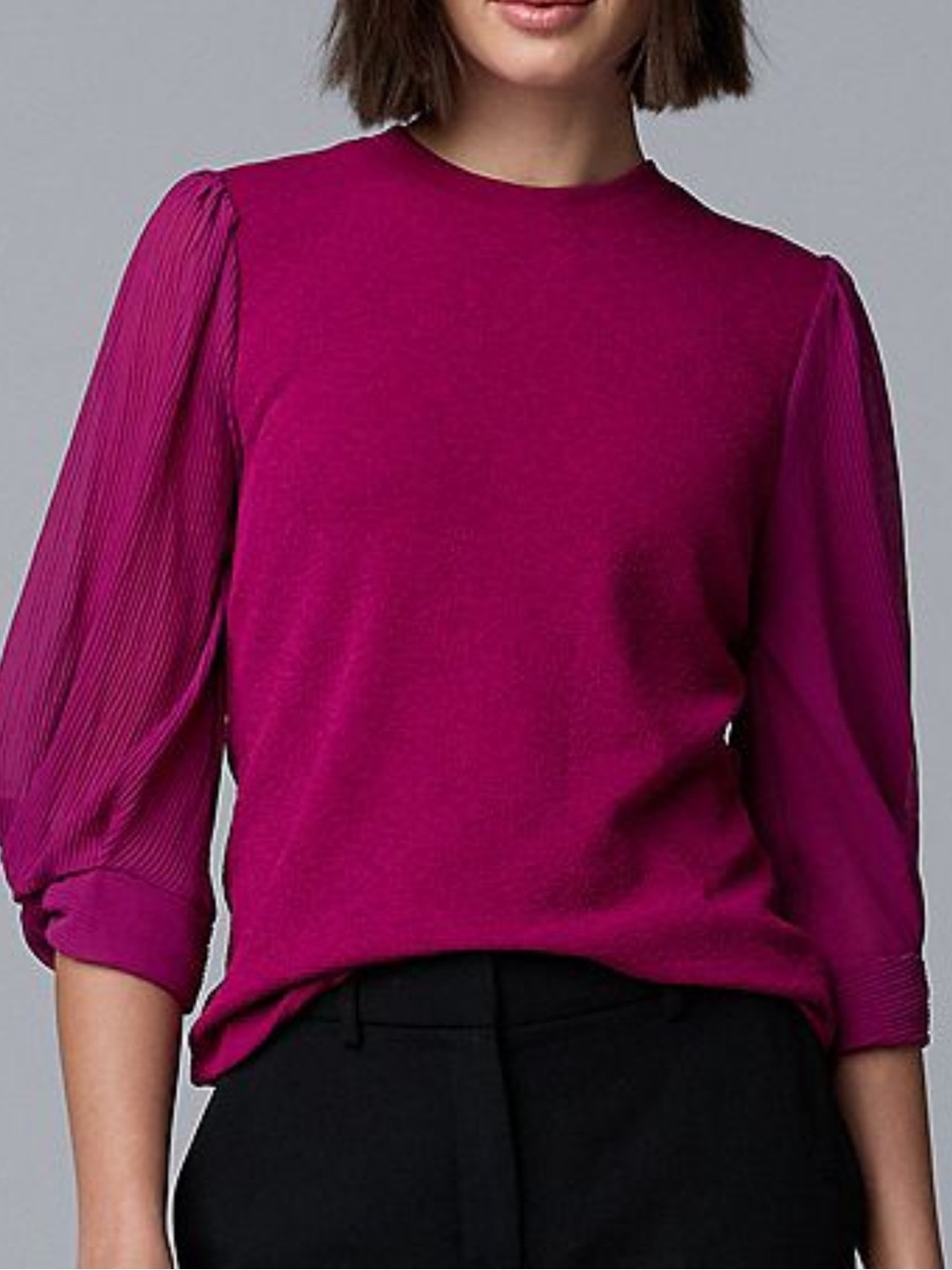 Simply Vera Vera Wang‎ mixed-media top pleated sheer sleeves Fuschia Large